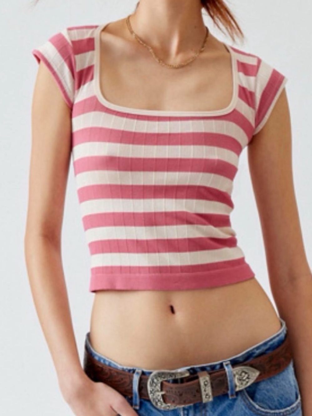 Urban Outfitters Pink and White Striped Square Neck Crop Top